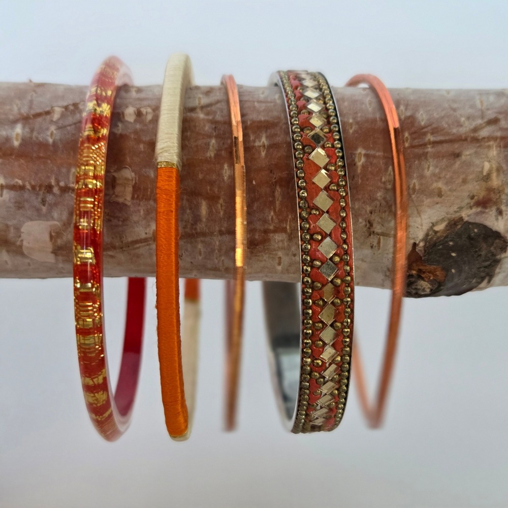 Bangle Bracelet Set Orange Gold Silver Boho Stackable Womens 70's Retro Vintage